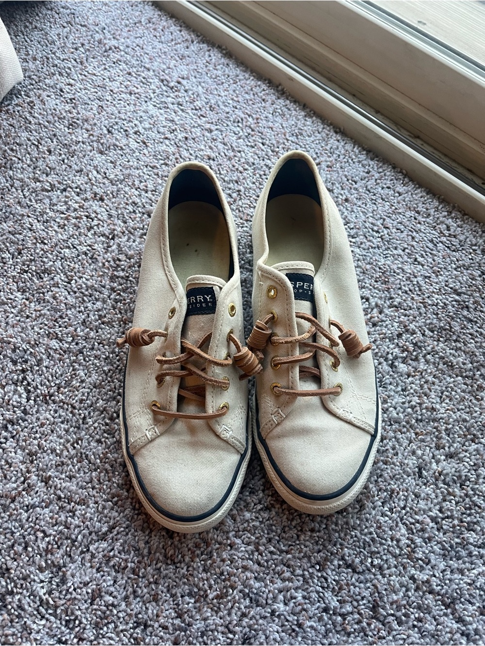 Sperry Women’s Cream Canvas Lace-Up Sneakers with Tan Laces